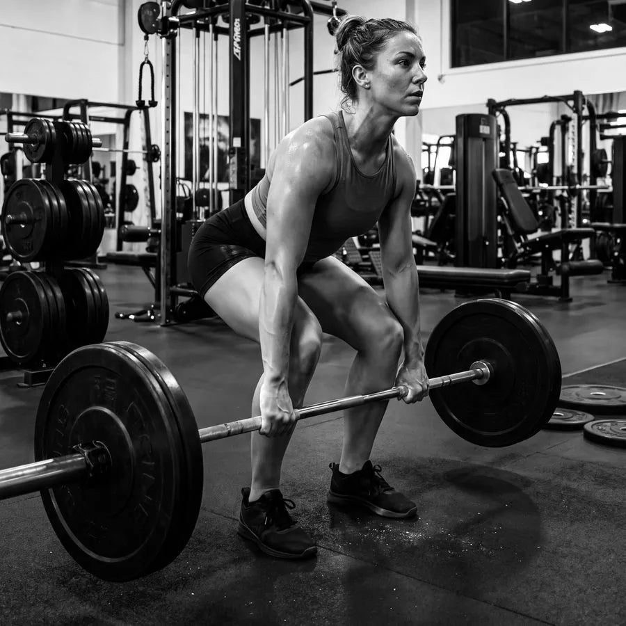 Athlete lifting a barbell in the gym, black and white